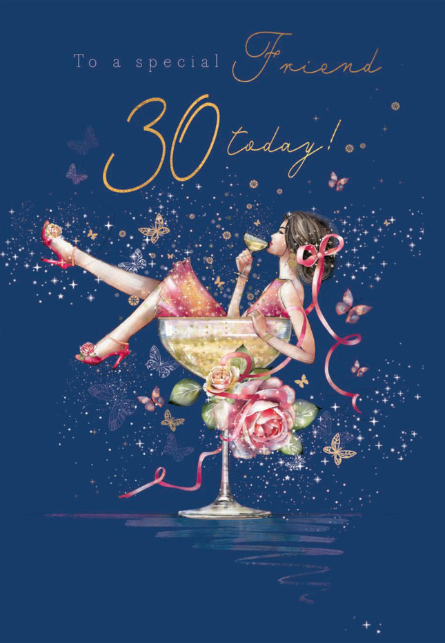 30th Birthday Card for Special Friend - Age 30 Pretty Floral Cocktail Design - Premium Greeting Card for Her with Envelope