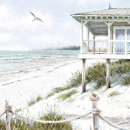 Artistic Coastal Framed Print – Beachfront Home & Seascape Picture - ‘The Beach House’ by Richard Macneil – Ready to Hang Wall Art - Seaside Themed Home Décor – 37cm x 31cm