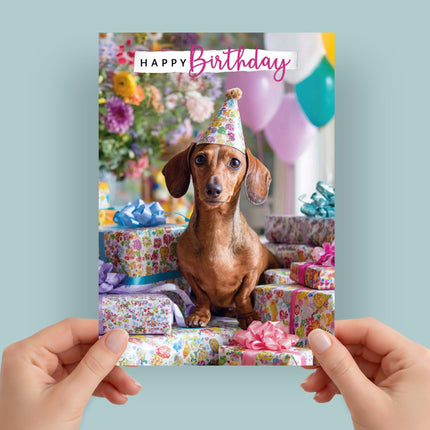 Birthday Card for Her, Cute Dachshund Dog and Presents