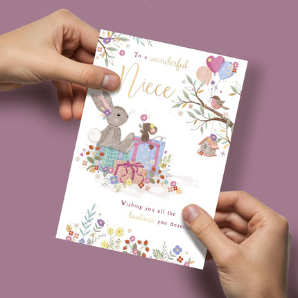Birthday Card for Niece - Cute Bunny Rabbit & Flowers Design - Embossed Gold Foil Finish - Premium Greeting Card with Envelope