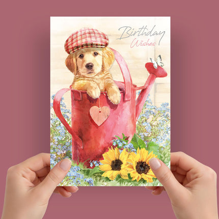 Birthday Card for Her, Cute Golden Retriever Dog & Floral Design