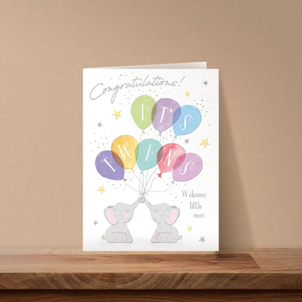 New Baby Twins Congratulations Card - Birth Congratulations Card with Elephants and Balloons Design