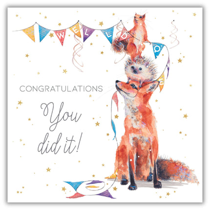 Congratulations Card - Cute Fox, Hedgehog and Squirrel Design - Artistic Well Done Greeting Card - 'You did it!'