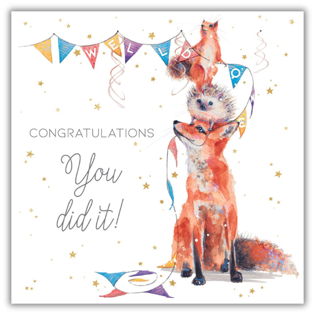 Congratulations Card - Cute Fox, Hedgehog and Squirrel Design - Artistic Well Done Greeting Card - 'You did it!'