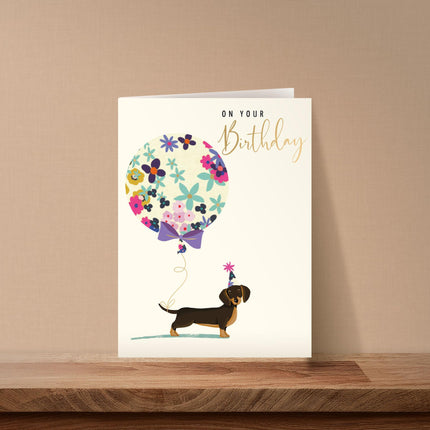 Birthday Card for Women - Cute Dachshund Dog & Balloon Design - Gold Foil Finish - Premium Greeting Card with Envelope