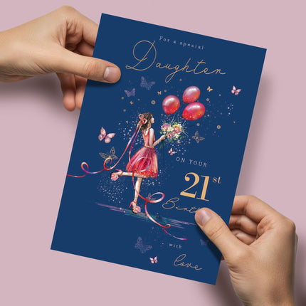 21st Birthday Card for Daughter - Age 21 Elegant Girl & Floral Butterfly Design - Premium Greeting Card with Envelope