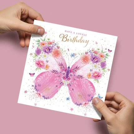 Birthday Card for Women - Pretty Floral Butterfly Design - Premium Embossed Rose Gold Foil Finish - Happy Birthday Greeting Card with Envelope