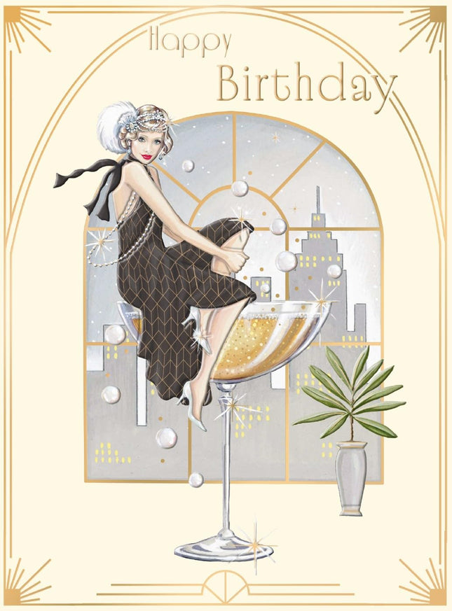 Birthday Card for Women - Glamorous Art Deco Cocktail Design - Embossed Gold Foil Finish - Premium Greeting Card with Envelope
