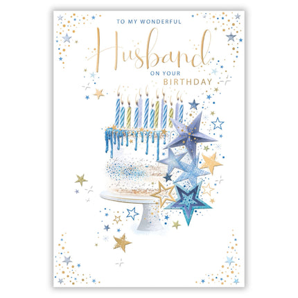Husband Birthday Card - Happy Birthday Card with Cake and Stars Design and Special Finishes - Birthday Card for Men