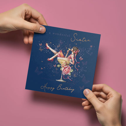 Birthday Card for Sister - Pretty Floral Cocktail Design - Premium Greeting Card with Envelope