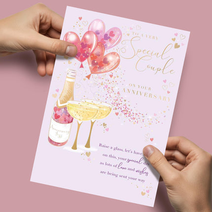 Anniversary Card for Special Couple - Romantic Fizz & Love Hearts Design - Gold Foil Finish - Premium Greeting Card with Envelope