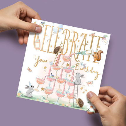 Birthday Card for Women - Cute Woodland Animals & Champagne Design - Embossed Gold Foil Finish - Premium Greeting Card with Envelope