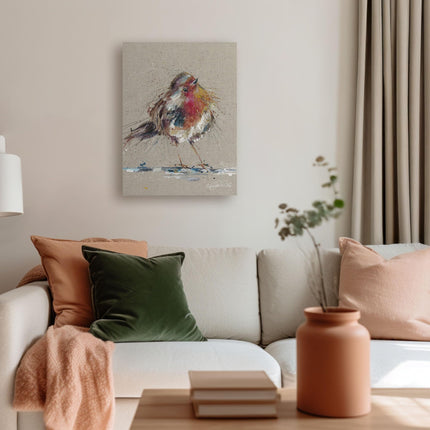 Red Robin Canvas Print Wall Art - Artistic 'Thinking of You' by Nicola Jane Rowles - Charming Garden Bird Print - Ready to Hang Home Décor Painting - 30 x 40cm