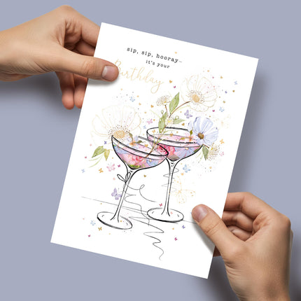Birthday Card for Women - Pretty Floral Cocktail Design - Embossed Gold Foil Finish - Premium Greeting Card with Envelope