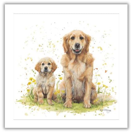 Dog Birthday or All-Occasion Card - Cute Golden Retriever and Puppy Design - Blank Inside - For Men and Women - Artistic Greeting Card