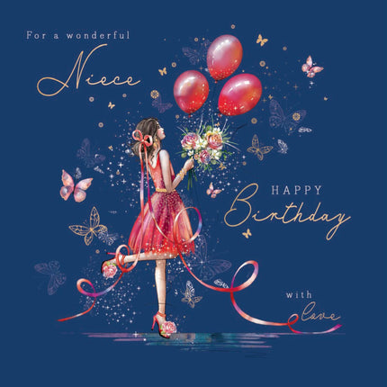 Birthday Card for Niece - Elegant Girl & Floral Butterfly Design - Premium Greeting Card with Envelope