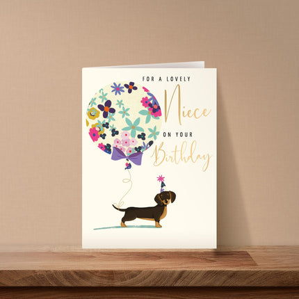 Birthday Card for Niece - Cute Dachshund Dog & Balloon Design - Gold Foil Finish - Premium Greeting Card with Envelope