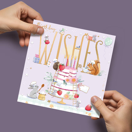 Birthday Card for Women - Cute Woodland Animals & Cake Design - Embossed Gold Foil Finish - Premium Greeting Card with Envelope