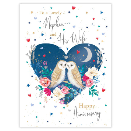 Happy Anniversary Card - For Nephew & His Wife - Owls in a Floral Love Heart Design - Premium Quality Special Anniversary Greeting Card with Envelope