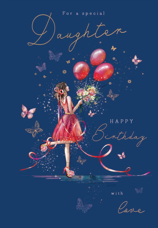 Birthday Card for Daughter - Elegant Girl & Floral Butterfly Design - Premium Greeting Card with Envelope