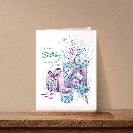 Birthday Card for Women - Pretty Floral Butterflies & Presents Design - Premium Greeting Card with Envelope
