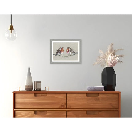 Redbreast Robins Framed Print Wall Art- 'Morning Gossip' by Nicola Jane Rowles - Contemporary Wildlife Picture - Ready to Hang Home Décor - 45cm x 35cm