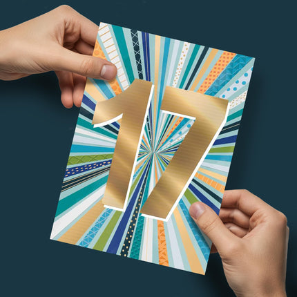 17th Birthday Card for Teenage Boys - Modern Age 17 Design - Embossed Gold Foil Finish - Premium Greeting Card with Envelope