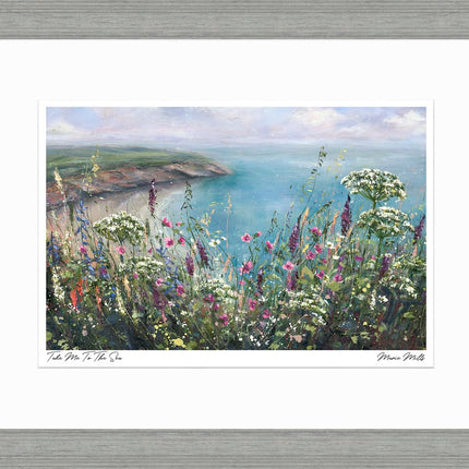 Seaside Framed Print Wall Art - Scenic Coastal Themed Home Decor - Marie Mills Artwork - Ready to Hang 'Take Me To The Sea' Painting - 45 x 35cm