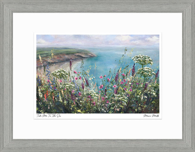 Seaside Framed Print Wall Art - Scenic Coastal Themed Home Decor - Marie Mills Artwork - Ready to Hang 'Take Me To The Sea' Painting - 45 x 35cm
