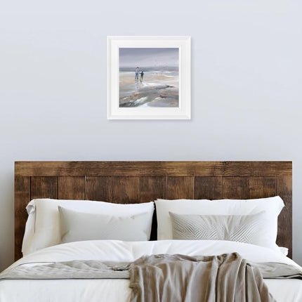 Coastal Dog Walk Framed Print Wall Art - Scenic Seascape Themed Home Decor - Janet Gammans Artwork - Ready to Hang 'Beach Walk II' Painting - 39 x 39cm