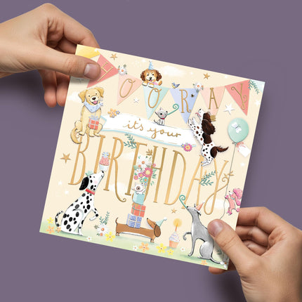Birthday Card for Women - Adorable Dogs & Party Design - Embossed Gold Foil Finish - Premium Greeting Card with Envelope