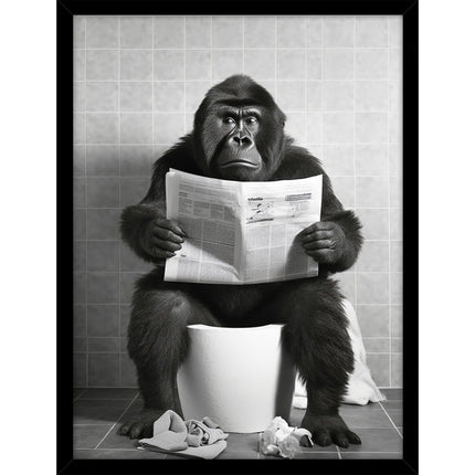 Funny Gorilla Framed Print Wall Art - 'Gorilla on the Toilet' by Moonshine Prints - Quirky Animal Themed Artwork - Ready to Hang Bathroom Home Décor - 32cm x 42cm