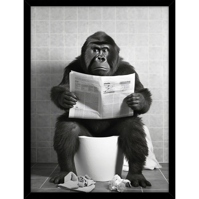 Funny Gorilla Framed Print Wall Art - 'Gorilla on the Toilet' by Moonshine Prints - Quirky Animal Themed Artwork - Ready to Hang Bathroom Home Décor - 32cm x 42cm