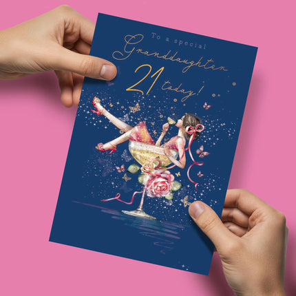 21st Birthday Card for Granddaughter - Age 21 Pretty Floral Cocktail Design - Premium Greeting Card with Envelope