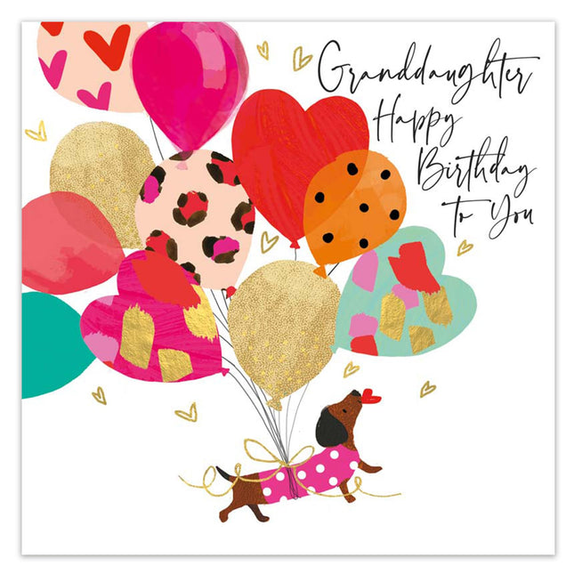Birthday Card for Granddaughter, Dachshund Dog & Balloons