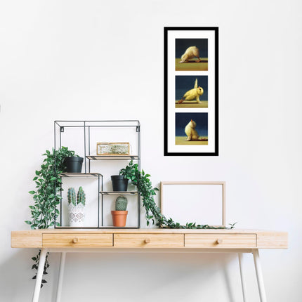 Funny Yoga Chicks Framed Print Wall Art - 'Yoga Chick Triptych' by Lucia Heffernan - Quirky Animal Themed Artwork - Ready to Hang Gym Home Décor - 22cm x 52cm