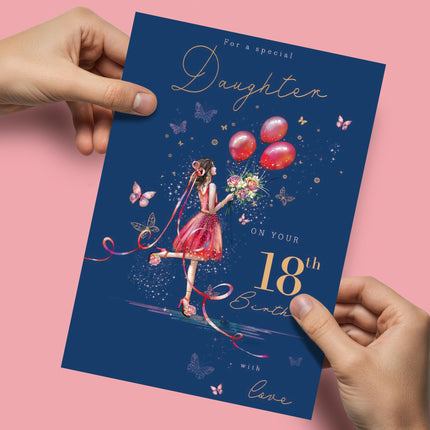 18th Birthday Card for Daughter - Age 18 Elegant Girl & Floral Butterfly Design - Premium Greeting Card with Envelope