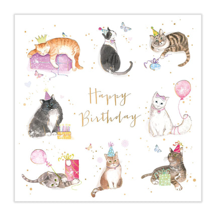 Birthday Card for Women - Cute Cats in Party Hats Design - Gold Foil Finish - Premium Greeting Card with Envelope