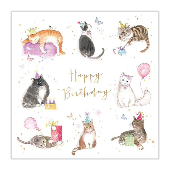 Birthday Card for Women - Cute Cats in Party Hats Design - Gold Foil Finish - Premium Greeting Card with Envelope