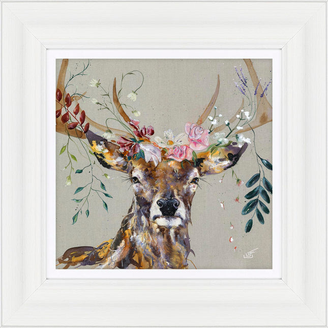 Floral Stag Framed Print Wall Art - Animal Themed Home Decor - Louise Luton Artwork - Ready to Hang 'Vintage Velvet' Painting - 41 x 41 cm