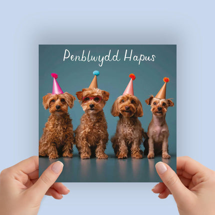 Welsh Birthday Card, Party Dogs, Penblwydd Hapus