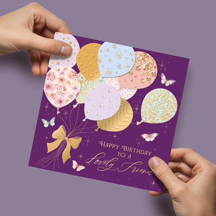 Birthday Card for Lovely Friend - Elegant Floral Balloons & Butterflies - Premium Greeting Card with Envelope - Eco-Friendly & Recyclable