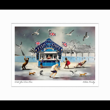 Seaside Framed Print Wall Art - Nostalgic Coastal Themed Home Decor - Adam Barsby Artwork - Ready to Hang 'Wish You Were Here' Painting - 33.5 x 27.5cm