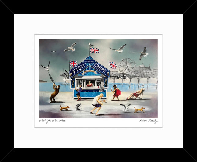 Seaside Framed Print Wall Art - Nostalgic Coastal Themed Home Decor - Adam Barsby Artwork - Ready to Hang 'Wish You Were Here' Painting - 33.5 x 27.5cm