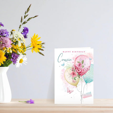 Birthday Card for Cousin - Elegant Floral Balloons Design with Embossed Foil Finish, Eco-Friendly & Made in the UK