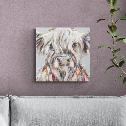 Artistic Highland Cow Canvas Wall Art - 'Ada' by Nicola Jane Rowles - Farm Animal Themed Artwork - Ready to Hang Home Décor - 40cm x 40cm