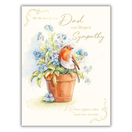 Loss of Dad Sympathy Card - Peaceful Robin and Flowers Design - Condolence Card for Men or Women - Embossed Foil Finish
