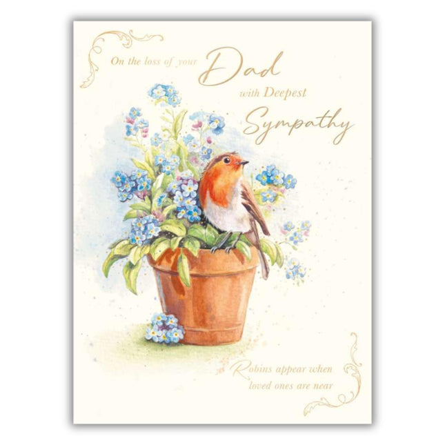 Loss of Dad Sympathy Card - Peaceful Robin and Flowers Design - Condolence Card for Men or Women - Embossed Foil Finish