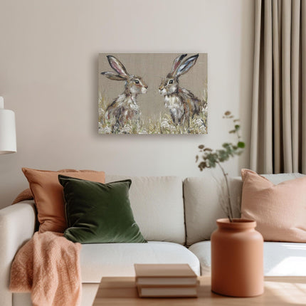 Artistic Hares & Wildflowers Canvas Wall Art - 'Hartley & Harriet' by Nicola Jane Rowles - Charming Animal Print - Ready to Hang Home Décor - 30cm x 40cm
