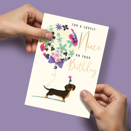Birthday Card for Niece - Cute Dachshund Dog & Balloon Design - Gold Foil Finish - Premium Greeting Card with Envelope